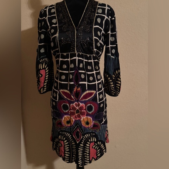 Peace & Love Gold Embellished Kimono Sleeve Dress". - Picture 3 of 7